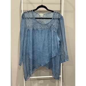 Dolcezza Women's Blouse Shear Lace Yoke Handkerchief Hem Boho Chic Romantic Blue